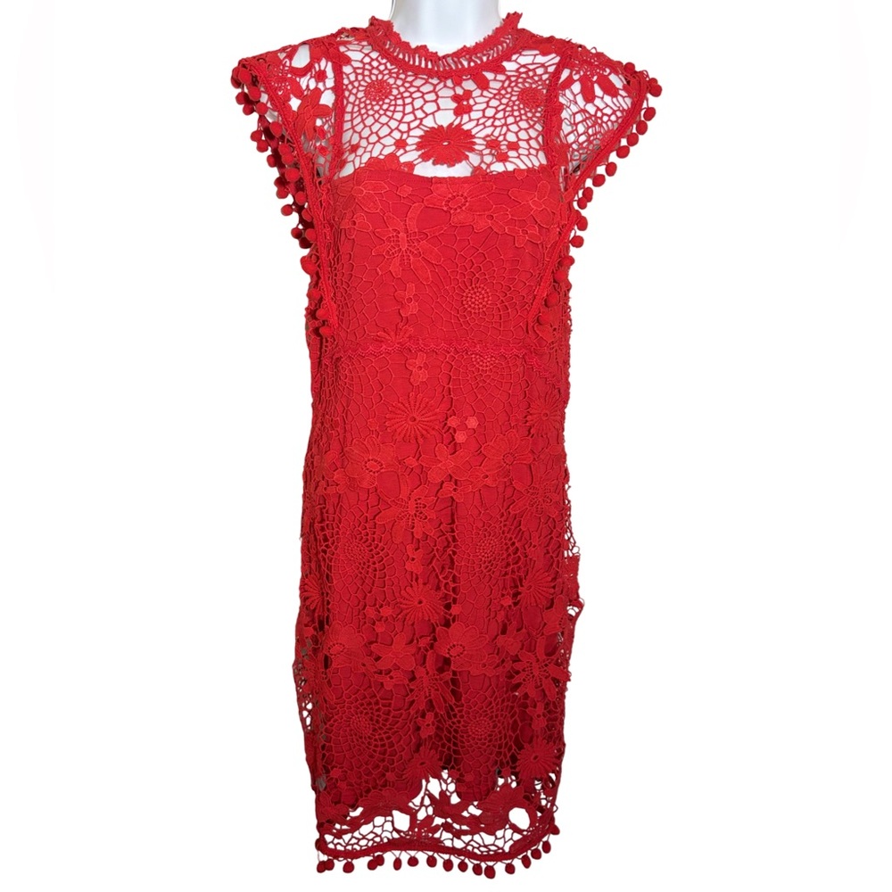 Willow & Clay Red Lace Crochet Dress Pom Trim Boho Festival XS